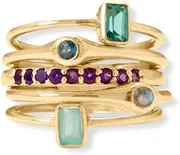 [JewelryWeb] 14k Gold Plated 925 Sterling Silver Set of Five Rings Ring Has Individual 3mm Labradorite 2mm Amethyst Band Style-Ring for Women