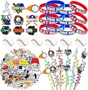 86PCS Baseball Party Favors Set Baseball Gifts Goodie Bags Including Silicone Baseball Bracelets Mini Baseball, Stickers,Pencil Caps Baseball Party Straw Suitable for Baseball Birthday Partys