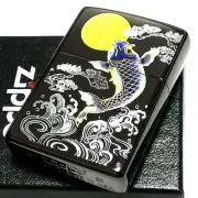 Japanese Pattern Carp Fish Full Moon Jump Fish Black Zippo Oil Lighter MIB