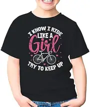 [SDVN] I Know I Ride Like A Girl Try to Keep Up Mountain Bike Biker Cyclist Cycling Unisex Kids Shirt Gift Youth T-Shirt (Black;XL)