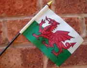 WALES HAND WAVING FLAG small 6" x 4" with 10" pole WELSH DRAGON 6 NATIONS RUGBY