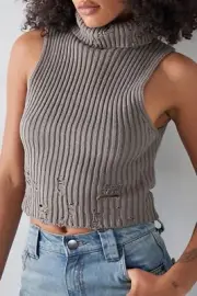 Urban Outfitters Roll Neck Knitted Top Sleeveless M UK 10 Distressed Funnel Neck
