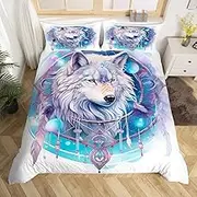 Dreamcatcher Wolf Duvet Cover Set, 135 x 200 cm, Boho Chic Feather Bedding Set for Girls, Women, Men, Adults, White Wolf Duvet Cover, 3D Wild Animal Bed Set, 1 Soft Microfibre Duvet Cover, 1