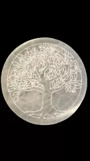 Selenite Round Charging Plate 4" Circle Geometric Crystal Etched Tree of Life