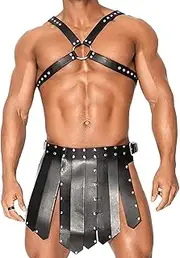 [Pfylinqo] Men's Roman Gladiator Costume Leather PU Skirt Kilt Skirt Chest Harness Wetlook Kilt Carnival Cosplay Armor Clubwear