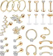 [Sanfenly] 27Pcs Helix Tragus Piercing Earrings for Women Men Stainless Steel Hoops Conch Piercing Jewellery Nose Lip Clicker Ring CZ Barbell Piercing Set for Girls Gift