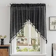 Beda Home Tassel Linen Textured Swag Curtain Valance for Farmhouses’ Kitchen; Light Filtering Rustic Short Swag Topper for Small Windows Bedroom Privacy Added Rod Pocket Design (36W x 45L, Black)