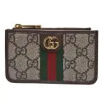 【GUCCI 古馳】經典OPHIDIA GG印花帆布牛皮飾邊拉鍊卡夾/零錢包(烏木色☆671723-96IWG-8745)