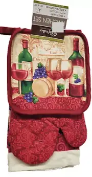 3pc Kitchen Set:Oven Mitt,Towel &Potholder, 2 WINE BOTTLES,3 GLASSES & GRAPES,CV
