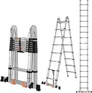 [DEZEX] Telescoping Ladders 16.5FT A Frame Stainless Steel Extension Ladder,Heavy Duty Ladder Lasts for 375LBS,with Balance Bar and Movable Wheel,Multi-Purpose Collapsible Ladder for Outdoor Indoor