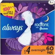 Always Radiant Feminine Pads, Size 4 Overnight with Flexfoam, Wings, Light Clean