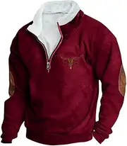 [Sunaei] Men Western Aztec Pullover Sweatshirts Quarter Zip Jacket Tops Fleece Lined Fashion Sweatshirt Cowboy Western Clothing