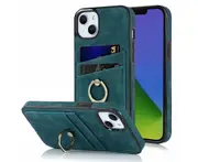 Full Protection Cover for iPhone 14 Plus, 2 Cards PU Leather Case with Ring Holder - Blue