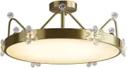 Nordic Style Copper Art Round LED Flush Mount Ceiling Light, Creative Crown Shape Crystal Ceiling Lamp, 3 Color Temperatures, Acrylic Lamp Shade, Close to Ceiling Light Fixtures
