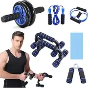 7-in-1 AB Wheel Roller Kit with Push Up brackets Skipping Rope Hand Wrist Developer and Knee Pad for Home Workout - Portable Home Fitness Equipment Push up Gripper Ab roller For Men Push up handles