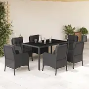 Patio Furniture Sets 7 Piece Garden Dining Set with Cushions Black Poly Rattan