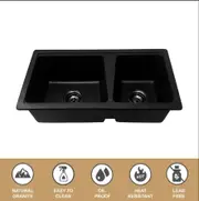 760*420*220 Kitchen Sink Laundry Black Granite Stone Sinks Double Bowls Basin [44-GS7642B]
