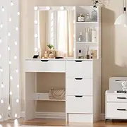 Buildonely Hollywood Vanity Table Set, Vanity Desk Set with Mirror and Lights, 3 Color Lights Vanity Set with Drawers and Shelves for Girls and Women, White