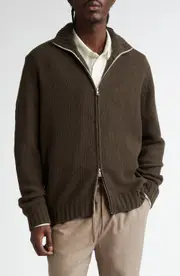 De Bonne Facture Wool Zip-Up Cardigan in Khaki Brown at Nordstrom, Size Large
