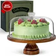 Cake Stand with Dome Lid Acacia Wood Plate Acrylic Cover Footed Wooden Display