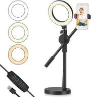 Live Streaming Phone Desktop Stand with 2 Light Modes 6" LED Ring Light,Adjustable Height and Angle with Stable Round Base,Perfect for Product Live Streaming Shop(36-52CM)