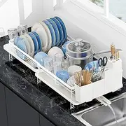 ROTTOGOON Expandable Dish Drying Rack,Multifunctional Adjustable Dish Drainer with Swivel Spout and Anti-Rust Dish Rack with Removable Cutlery & Cup Holders for Kitchen Counter,White