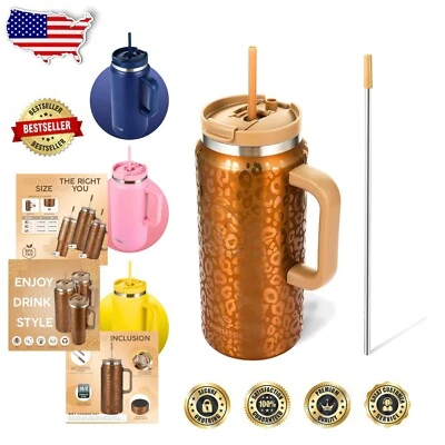 Sleek 64 Oz Insulated Tumbler - Double Wall Travel Mug with Handle & Two Straws