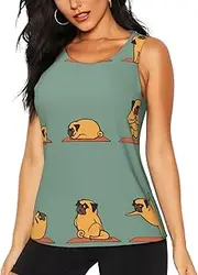 [SAAKE] Yoga Pug Print Quick-Drying Tank Tops Summer Workout Gym Yoga Running Hiking Outdoor Activities