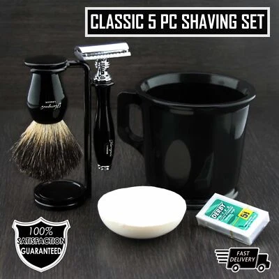 Safety Razor Badger Hair Shaving Brush Stand Derby DE Blades Black Set HARYALI