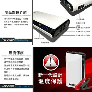 【299超取免運】2E90 飛樂 Philo PQC-8000P 閃電快充 QC3.0 救車行動電源 第三代3PIN智慧電瓶夾 3秒啟動