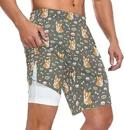 [ZZXXB] Corgi Dog Bones Print Athletic Shorts for Men with Pockets 2 in 1 Quick Dry Running Shorts S-3XL