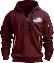 [Finelylove] Tactiacl Hoodies for Men Quarter Zip Pullover Hooded American Flag Sweatshirts Vintage Workout Hoodie with Pockets