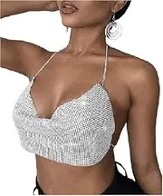 [Generic] Womens Sexy Adjustable Backless Sparkly Clubwear Crop Halter Top Sleeveless Shiny Cami Tank Top