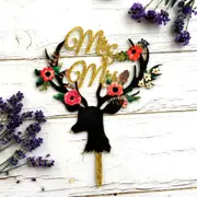 Acrylic 'Mr & Mrs' Floral Antler Cake Topper - Gold Glitter