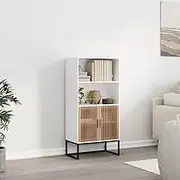 Highboard White 60x35x125 cm, Engineered Wood Cabinet with Solid Pine Doors, 2 Shelves Storage Organizer for Home Office, Sturdy Iron Feet, Wall-Mount Option, Minimalist Design