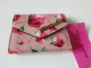 Betsey Johnson Short Tri-Fold Card Wallet Pink Multi Color Signature Logo NWT