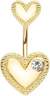 [Pierced Owl] 14GA Gold Plated Stainless Steel CZ Crystal Double Heart Belly Button Ring, Metal, cubic zirconia