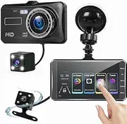 Car Dash Cam Front and Rear 1080P Dual Cam, 4'' LCD Touch Screen Car Video, Car Camera Super Night Vision, Car Dash Cam with 24 Hours Parking Monitor, WDR, G-sensor,Supports Reversing & Loop Recording