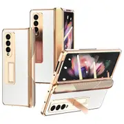 Cross Texture Electroplating Pu Leather Coated Tpu + Pc Case Full Protection Hinge Phone Cover With Tempered Glass Screen Protector For Samsung Galaxy