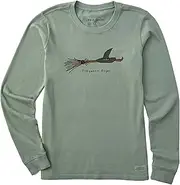 [LIFE IS GOOD] Women's Standard Crusher T, Long Sleeve Cotton Graphic Tee Shirt, Quirky Frequent Flyer Witch Broom