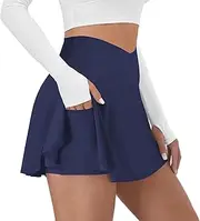 [DLOODA] Tennis Skirt for Women with Pockets Shorts Crossover High Waisted Athletic Golf Skorts Running Workout Skirts 2 in 1