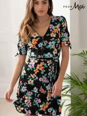 Pour Moi Black Floral Bella Fuller Bust Slinky Stretch Tie Sleeve Mini Dress (B93268) | $104