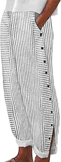 [Generic] Linen Pants for Women 2025 Plus Size Trendy Striped Spring Summer Gauze Pants Casual Elastic Waist Comfy Trousers, White, Medium