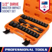 24-Piece 1/2" Drive Impact Socket Set SAE Metric 6 Point Extension Bar Ratchet