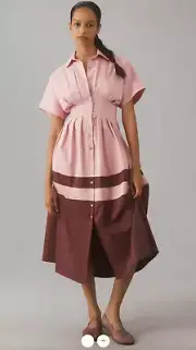Anthropologie Exquise Tobie Button-Front Pleated Midi Shirt Dress