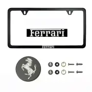 Fit Ferrari Laser Etching Stainless Steel Polish Black Slim License Frame w/Cap