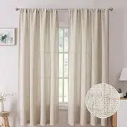 Tollpiz Short Linen Curtains Bedroom Rod Pocket Semi Sheer Curtain Burlap Light Filtering Thick Linen Drapes for Living Room, 38 x 45 inches Long, Natural, Set of 2 Panels