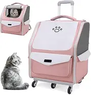 Wheeled Pet Carrier Backpack,Pet Rolling Carrier with Mesh Ventilation Windows,Dog Backpack Carrier with Telescopic Handle for Small Dogs Cats,Pink