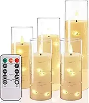 Neween Flameless Candles Set of 5, Battery Operated LED Pillar Candles with Timer, Remote Control, and Embedded Star String, Acrylic Glass Electric Fake Candles for Halloween Christmas Decor (Ivory)