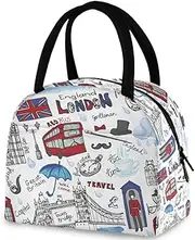 ZzWwR England London Landmark Symbols Lettering Pattern Reusable Lunch Tote Bag with Front Pocket Zipper Closure Insulated Thermal Cooler Container Bag for Work Picnic Travel Beach Fishing